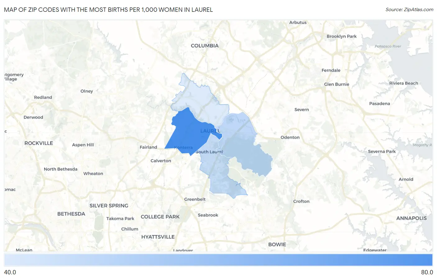 Zip Codes with the Most Births per 1,000 Women in Laurel Map