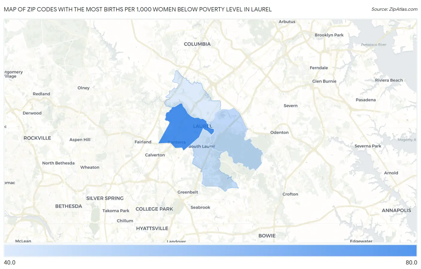 Zip Codes with the Most Births per 1,000 Women Below Poverty Level in Laurel Map