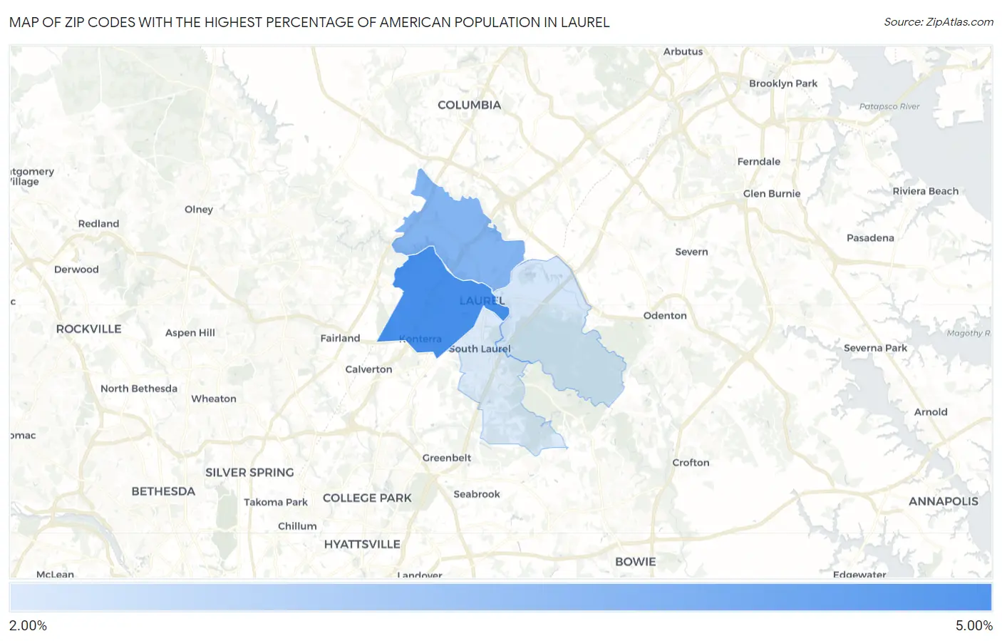 Zip Codes with the Highest Percentage of American Population in Laurel Map