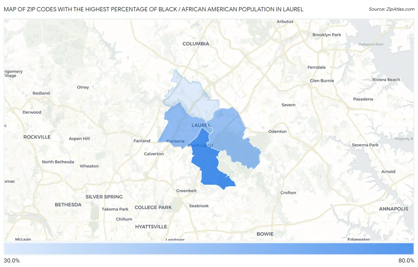 Zip Codes with the Highest Percentage of Black / African American Population in Laurel Map