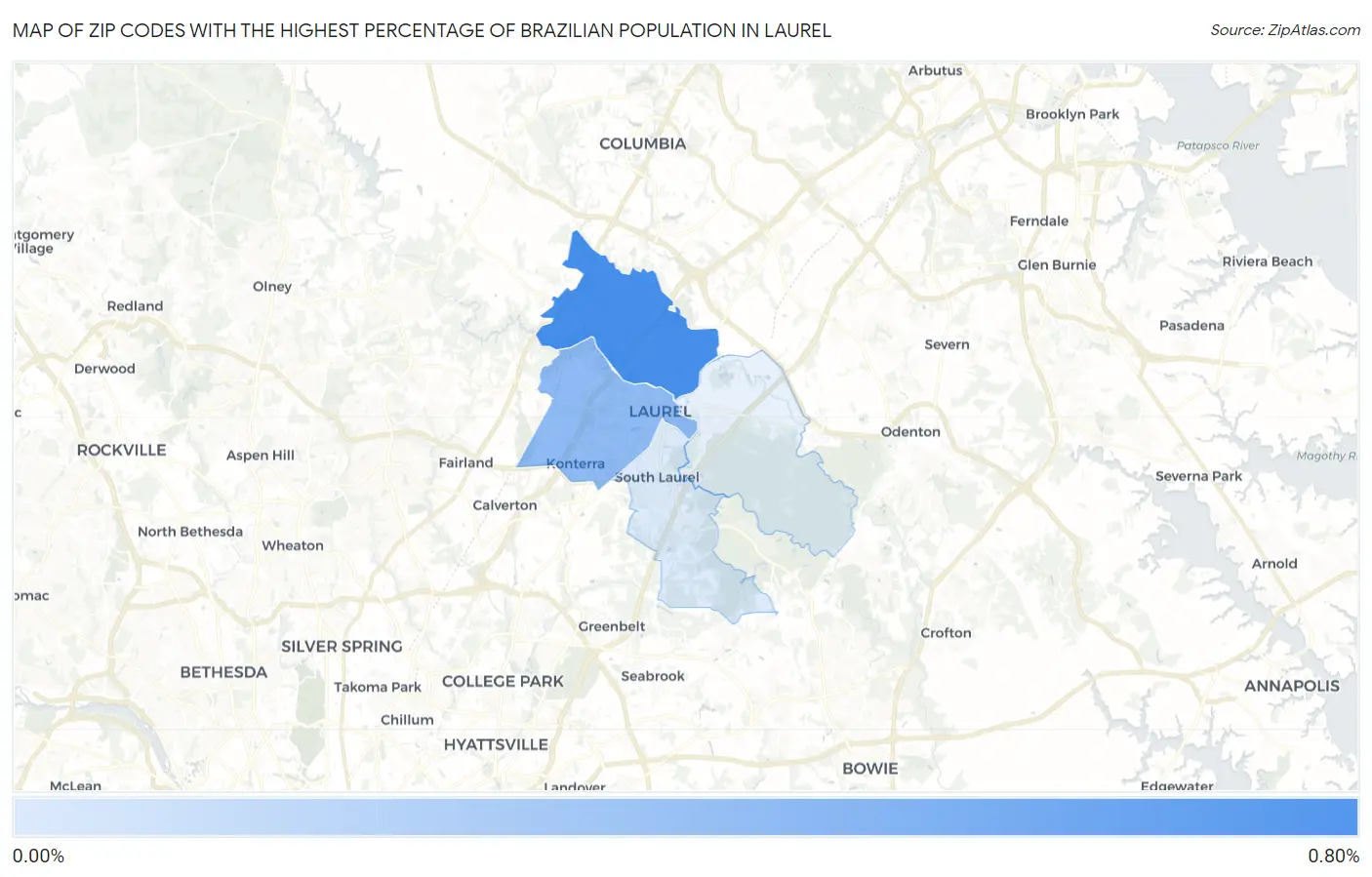 Zip Codes with the Highest Percentage of Brazilian Population in Laurel Map