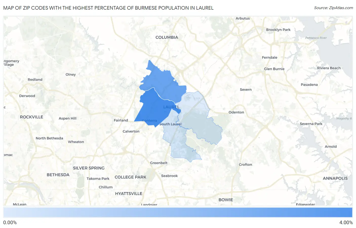 Zip Codes with the Highest Percentage of Burmese Population in Laurel Map