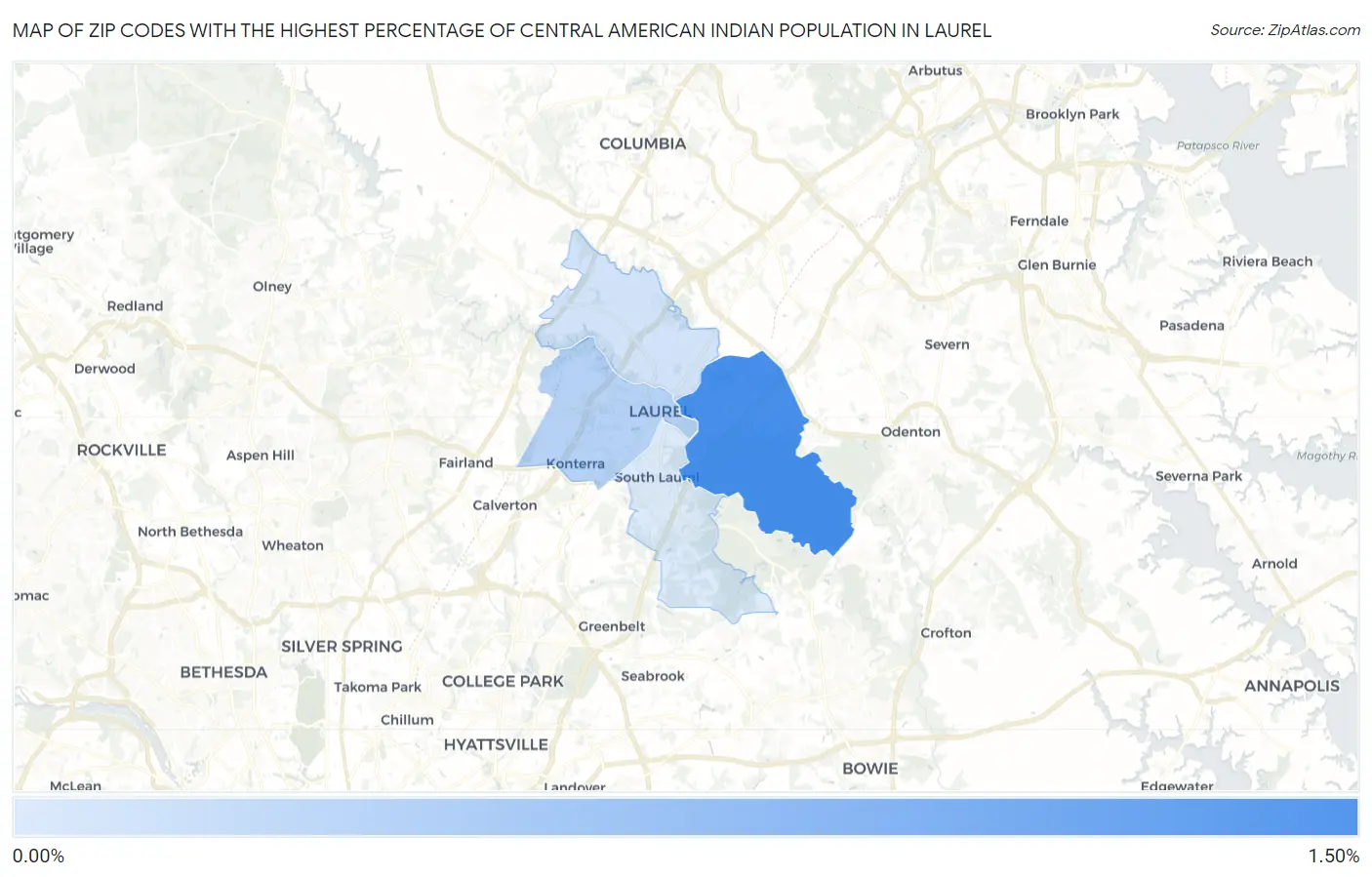 Zip Codes with the Highest Percentage of Central American Indian Population in Laurel Map