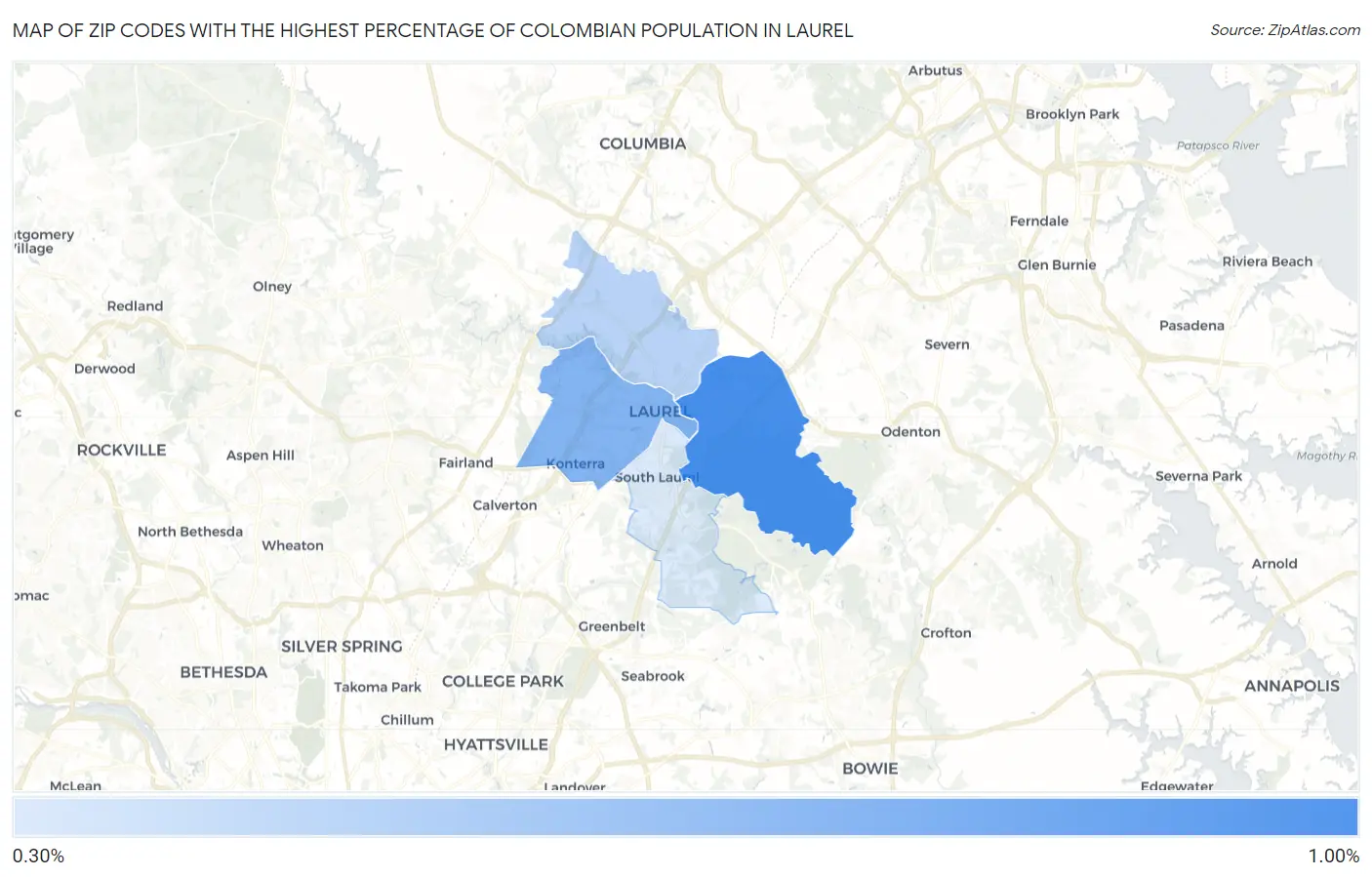 Zip Codes with the Highest Percentage of Colombian Population in Laurel Map