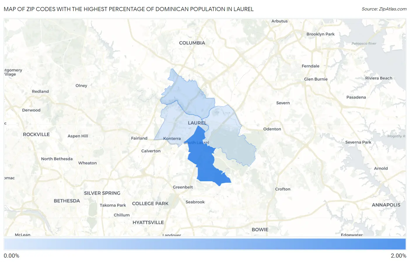 Zip Codes with the Highest Percentage of Dominican Population in Laurel Map