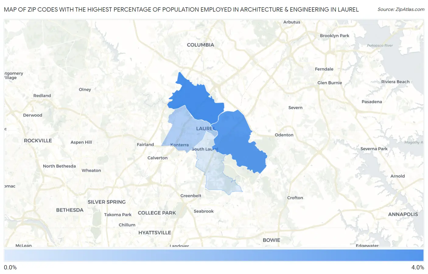 Zip Codes with the Highest Percentage of Population Employed in Architecture & Engineering in Laurel Map