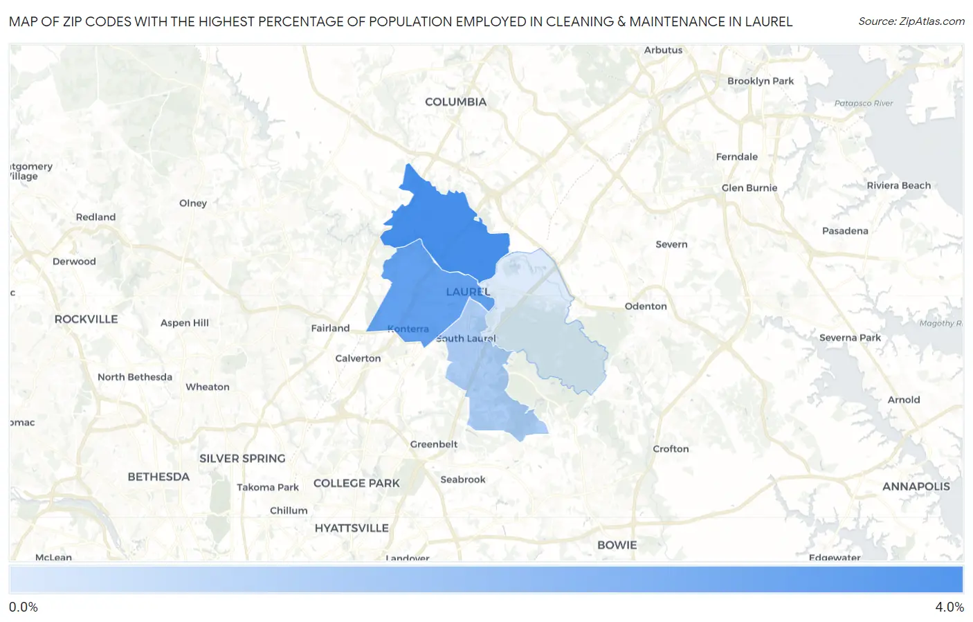 Zip Codes with the Highest Percentage of Population Employed in Cleaning & Maintenance in Laurel Map