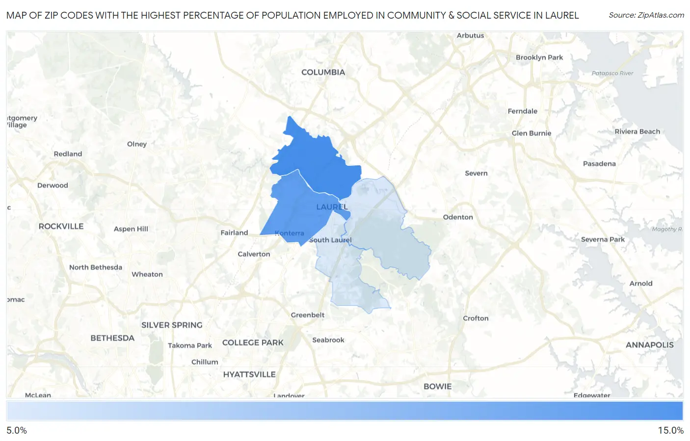 Zip Codes with the Highest Percentage of Population Employed in Community & Social Service  in Laurel Map