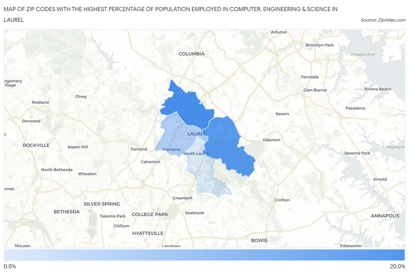 Zip Codes with the Highest Percentage of Population Employed in Computer, Engineering & Science in Laurel Map