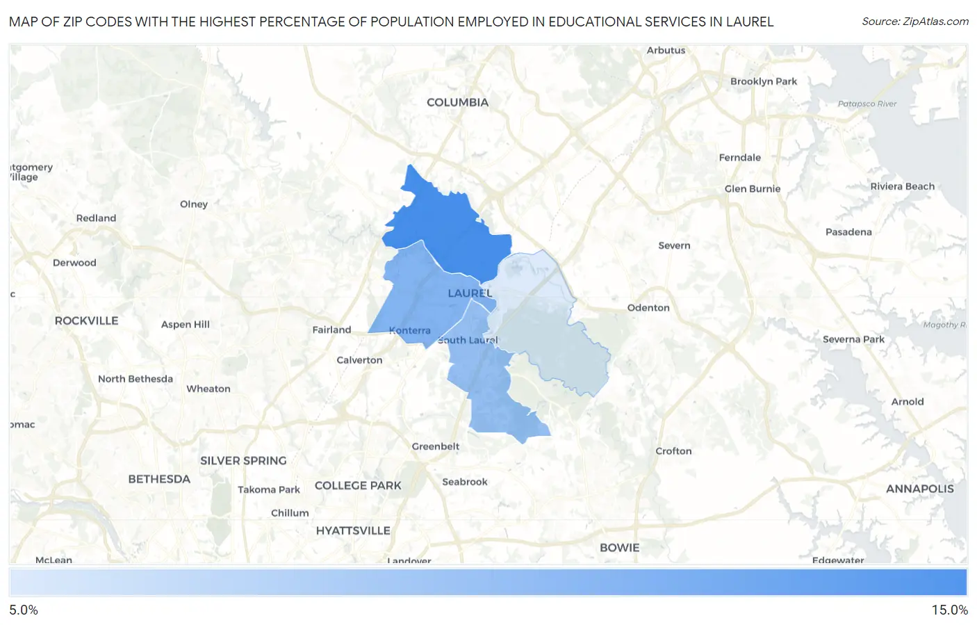 Zip Codes with the Highest Percentage of Population Employed in Educational Services in Laurel Map