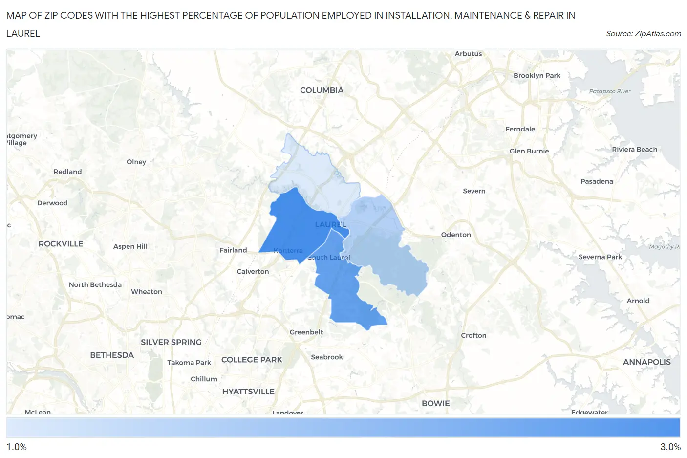 Zip Codes with the Highest Percentage of Population Employed in Installation, Maintenance & Repair in Laurel Map