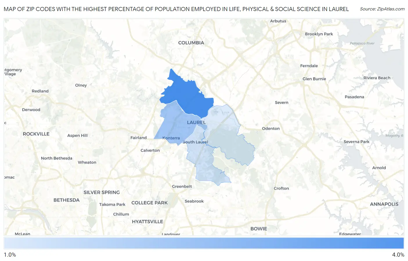 Zip Codes with the Highest Percentage of Population Employed in Life, Physical & Social Science in Laurel Map