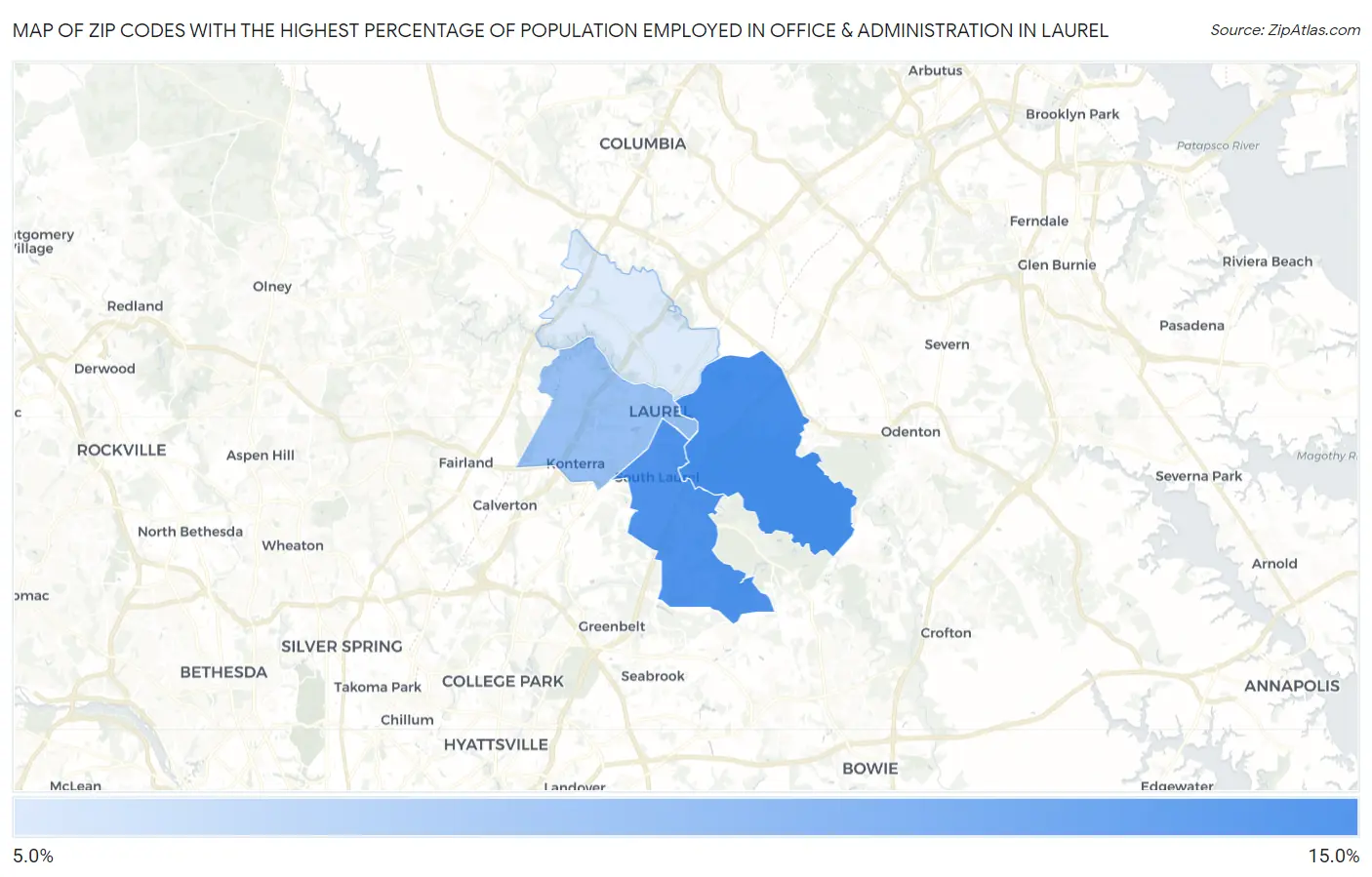Zip Codes with the Highest Percentage of Population Employed in Office & Administration in Laurel Map