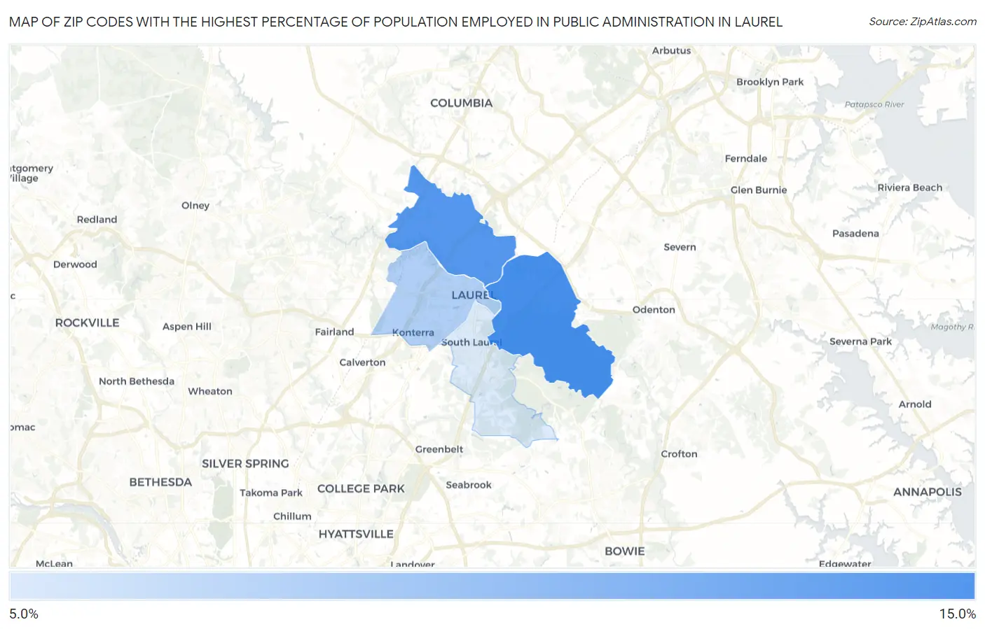 Zip Codes with the Highest Percentage of Population Employed in Public Administration in Laurel Map