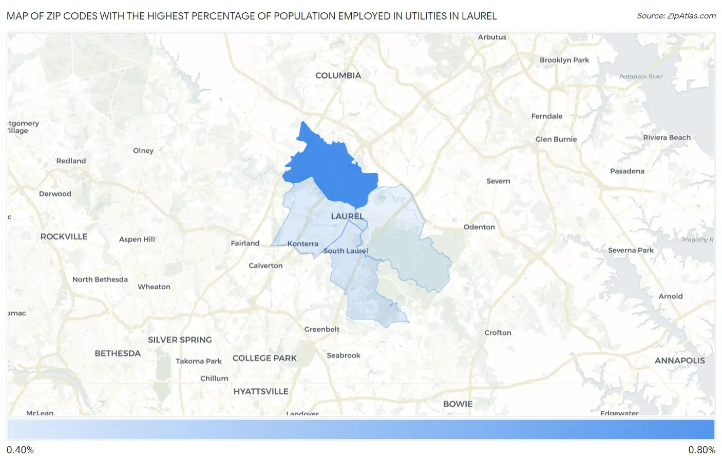 Zip Codes with the Highest Percentage of Population Employed in Utilities in Laurel Map