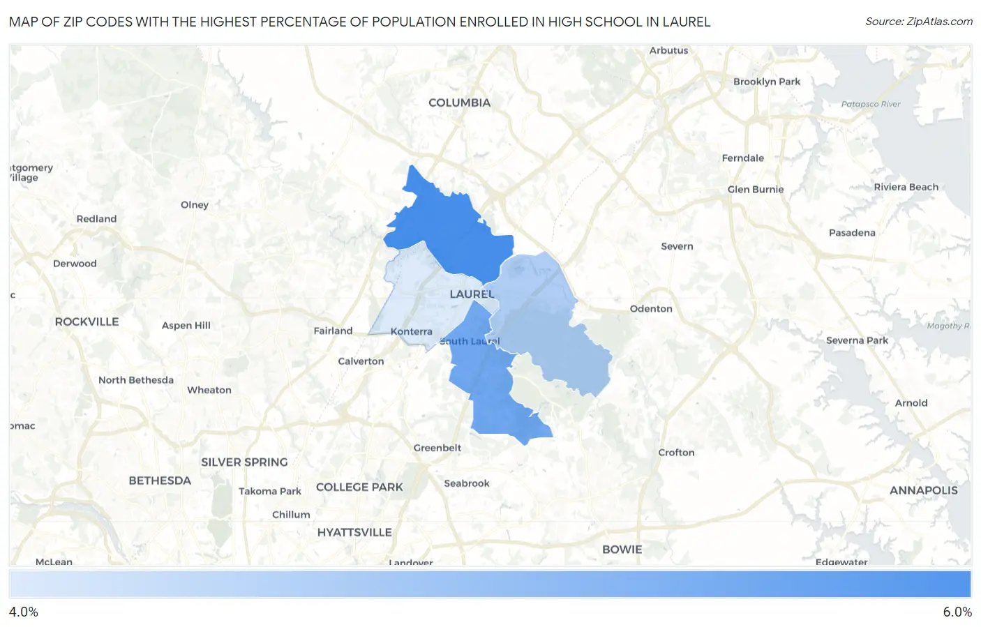 Zip Codes with the Highest Percentage of Population Enrolled in High School in Laurel Map