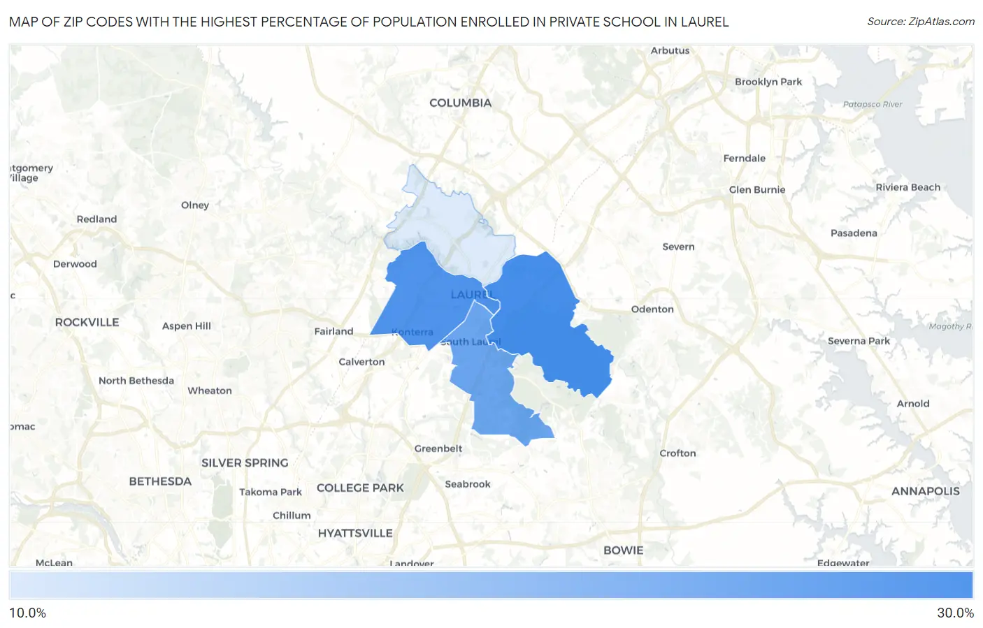 Zip Codes with the Highest Percentage of Population Enrolled in Private School in Laurel Map