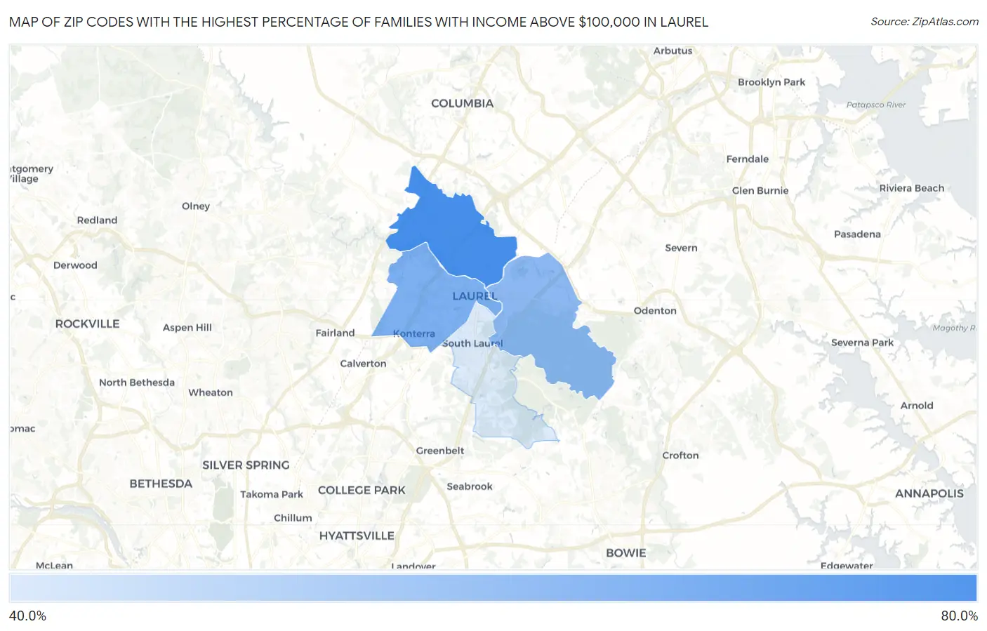 Zip Codes with the Highest Percentage of Families with Income Above $100,000 in Laurel Map