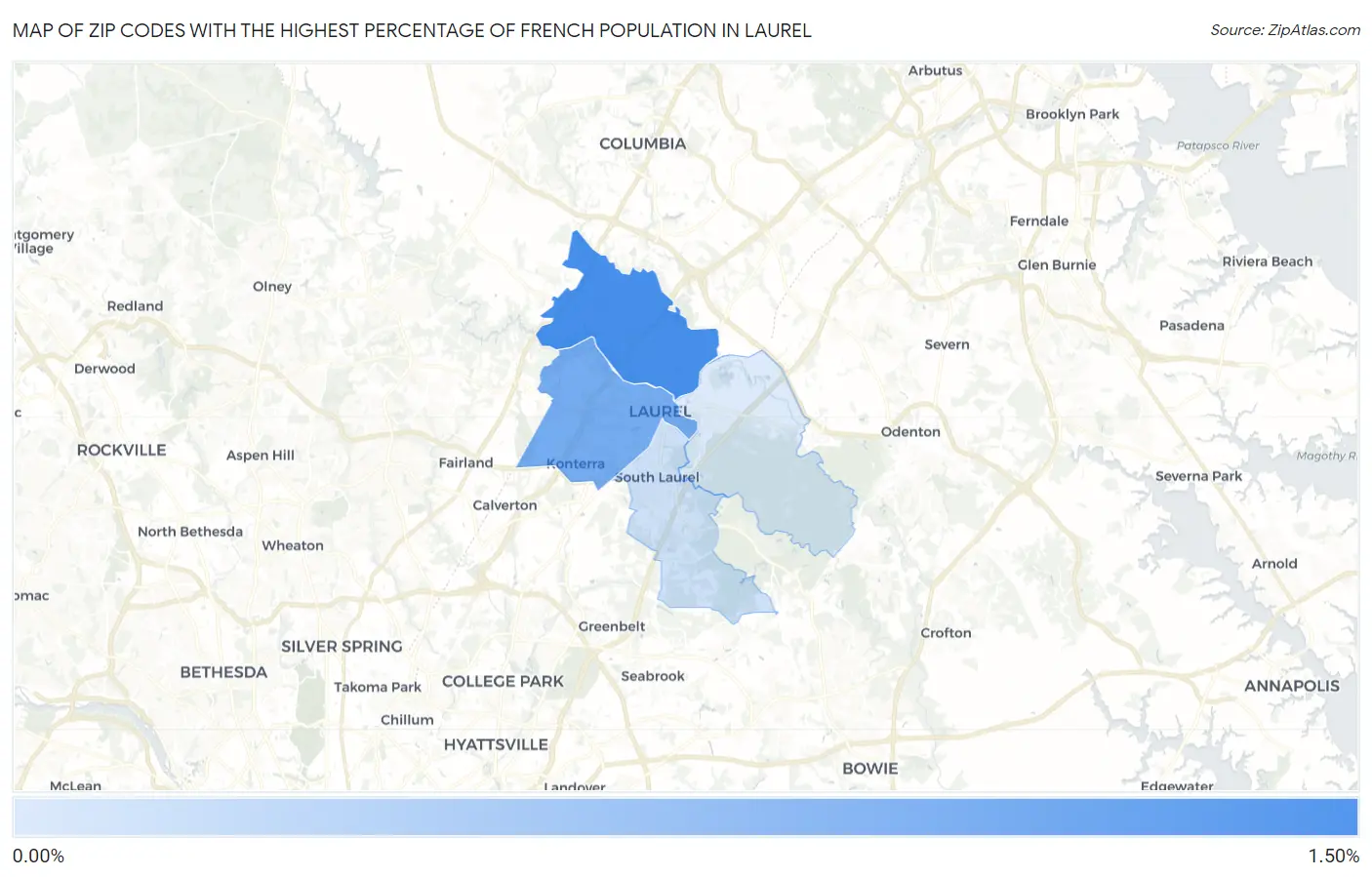 Zip Codes with the Highest Percentage of French Population in Laurel Map