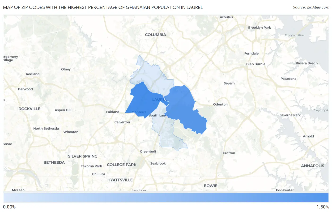 Zip Codes with the Highest Percentage of Ghanaian Population in Laurel Map