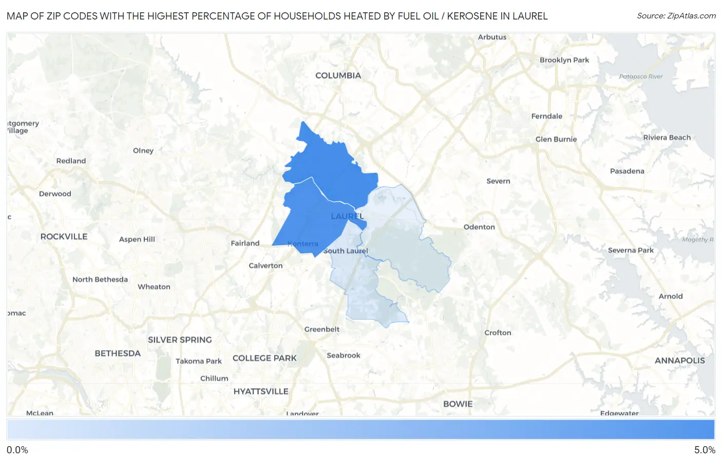 Zip Codes with the Highest Percentage of Households Heated by Fuel Oil / Kerosene in Laurel Map