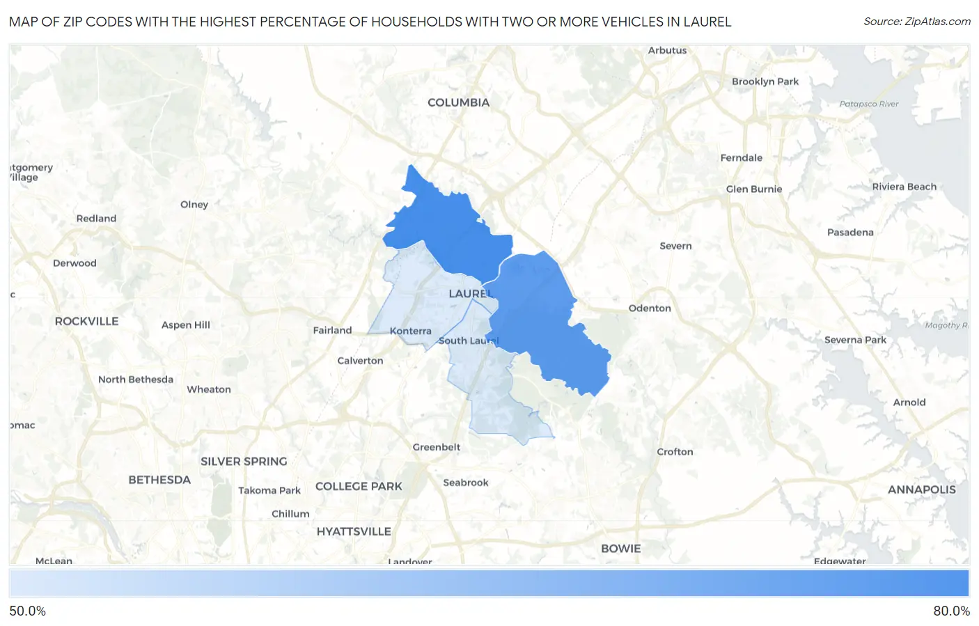 Zip Codes with the Highest Percentage of Households With Two or more Vehicles in Laurel Map