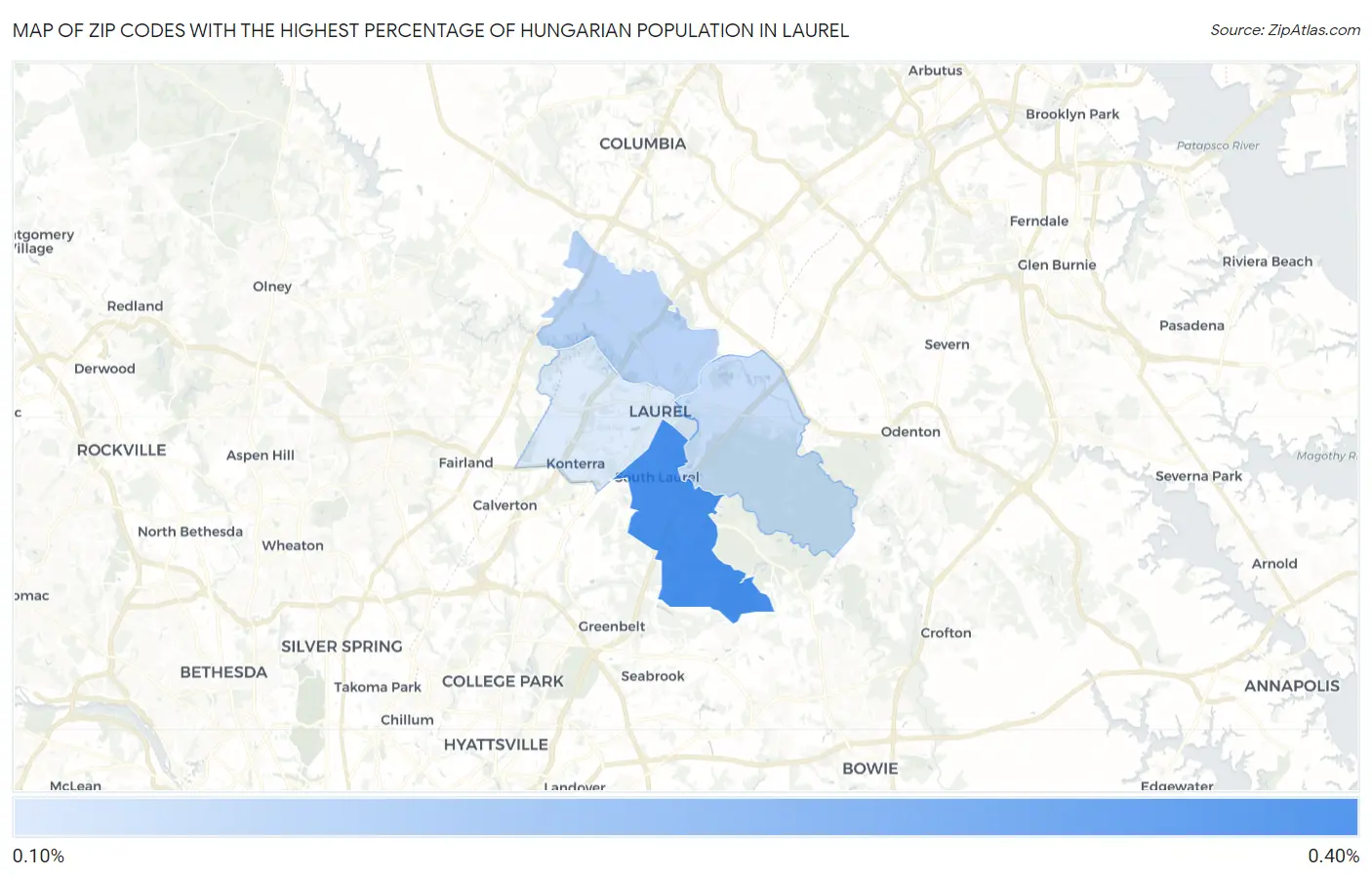 Zip Codes with the Highest Percentage of Hungarian Population in Laurel Map
