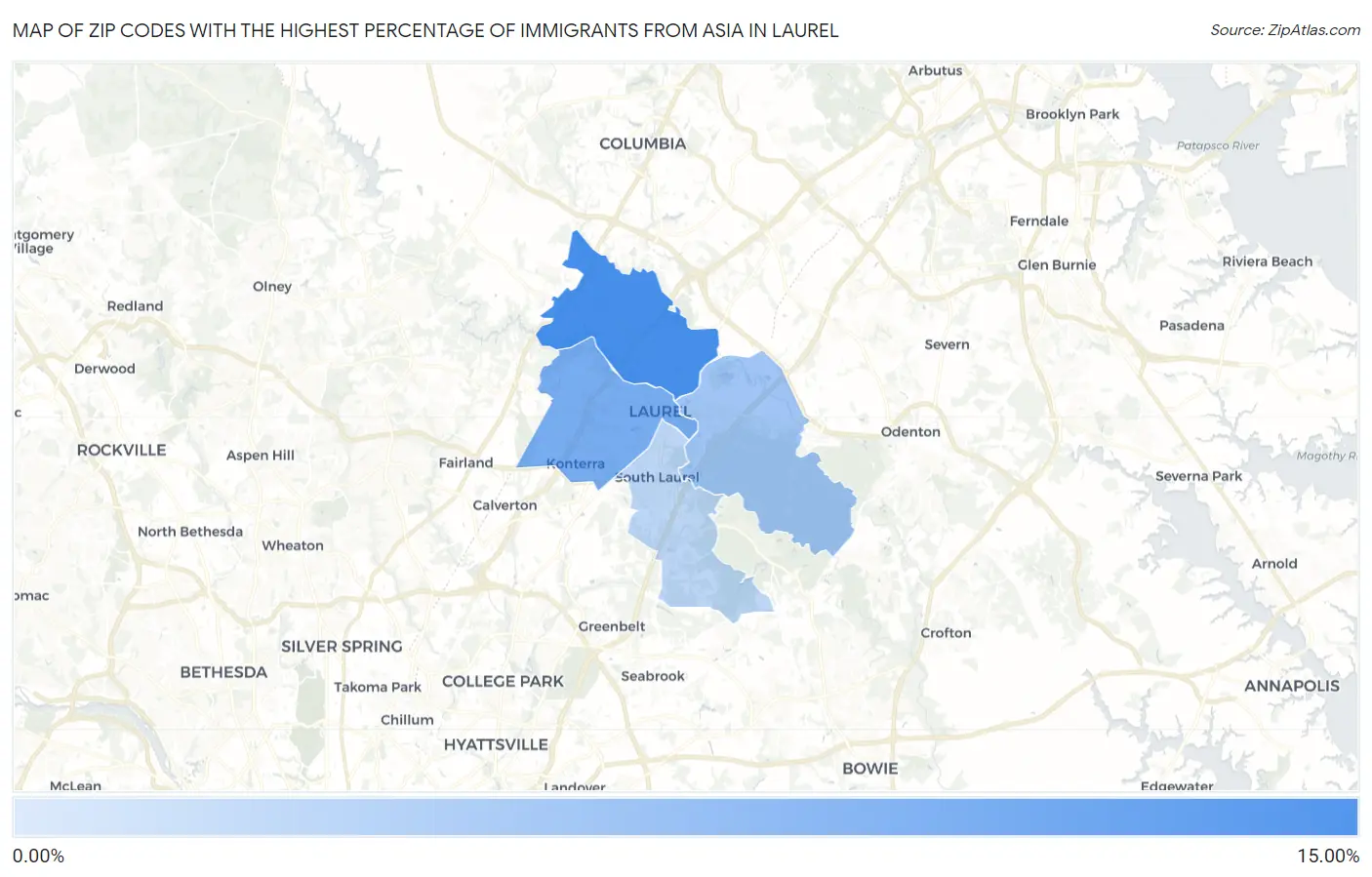 Zip Codes with the Highest Percentage of Immigrants from Asia in Laurel Map
