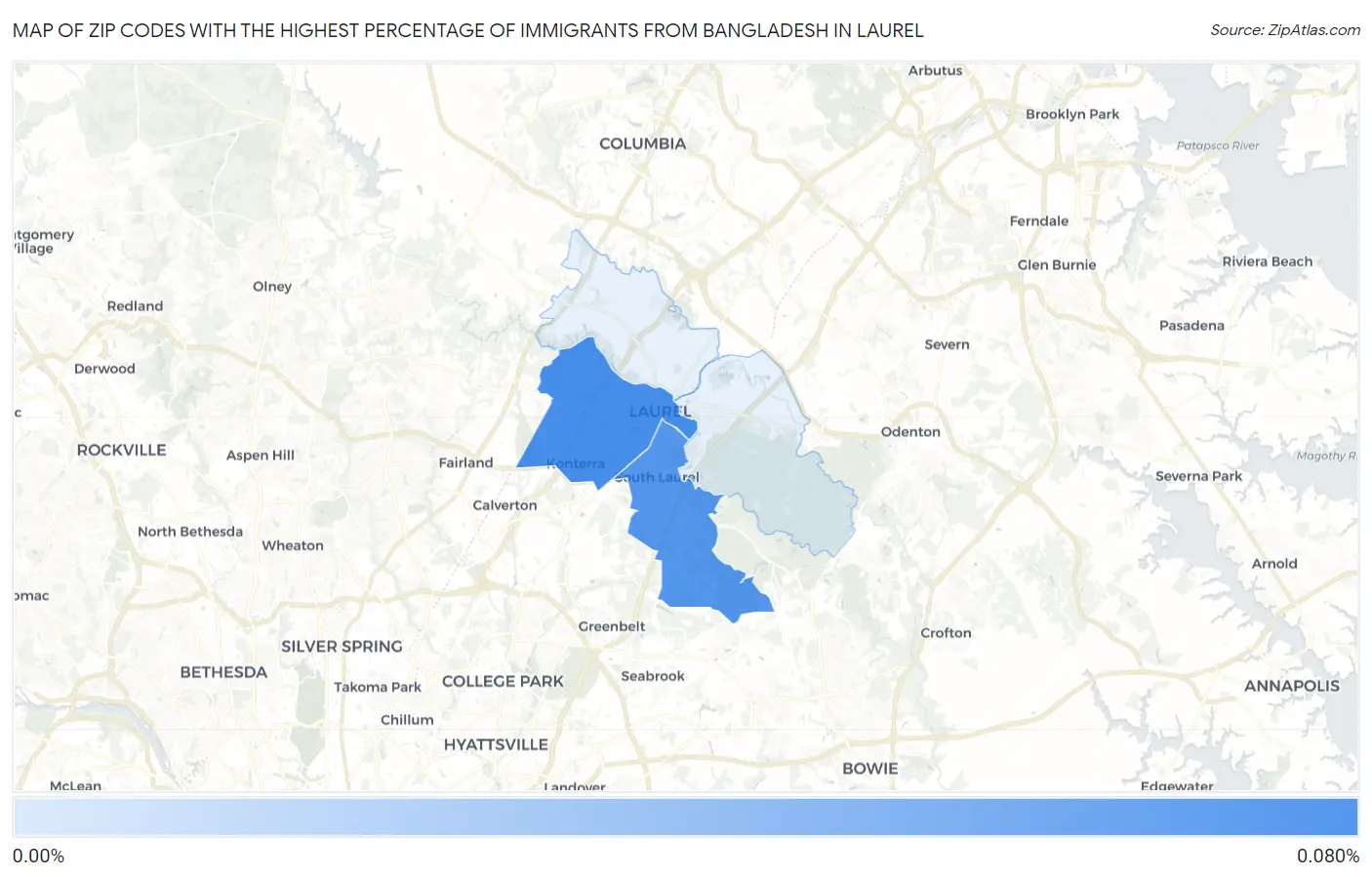Zip Codes with the Highest Percentage of Immigrants from Bangladesh in Laurel Map