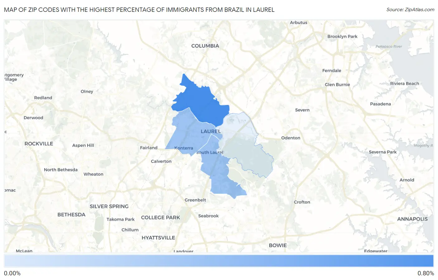 Zip Codes with the Highest Percentage of Immigrants from Brazil in Laurel Map