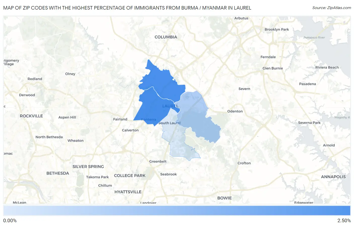 Zip Codes with the Highest Percentage of Immigrants from Burma / Myanmar in Laurel Map