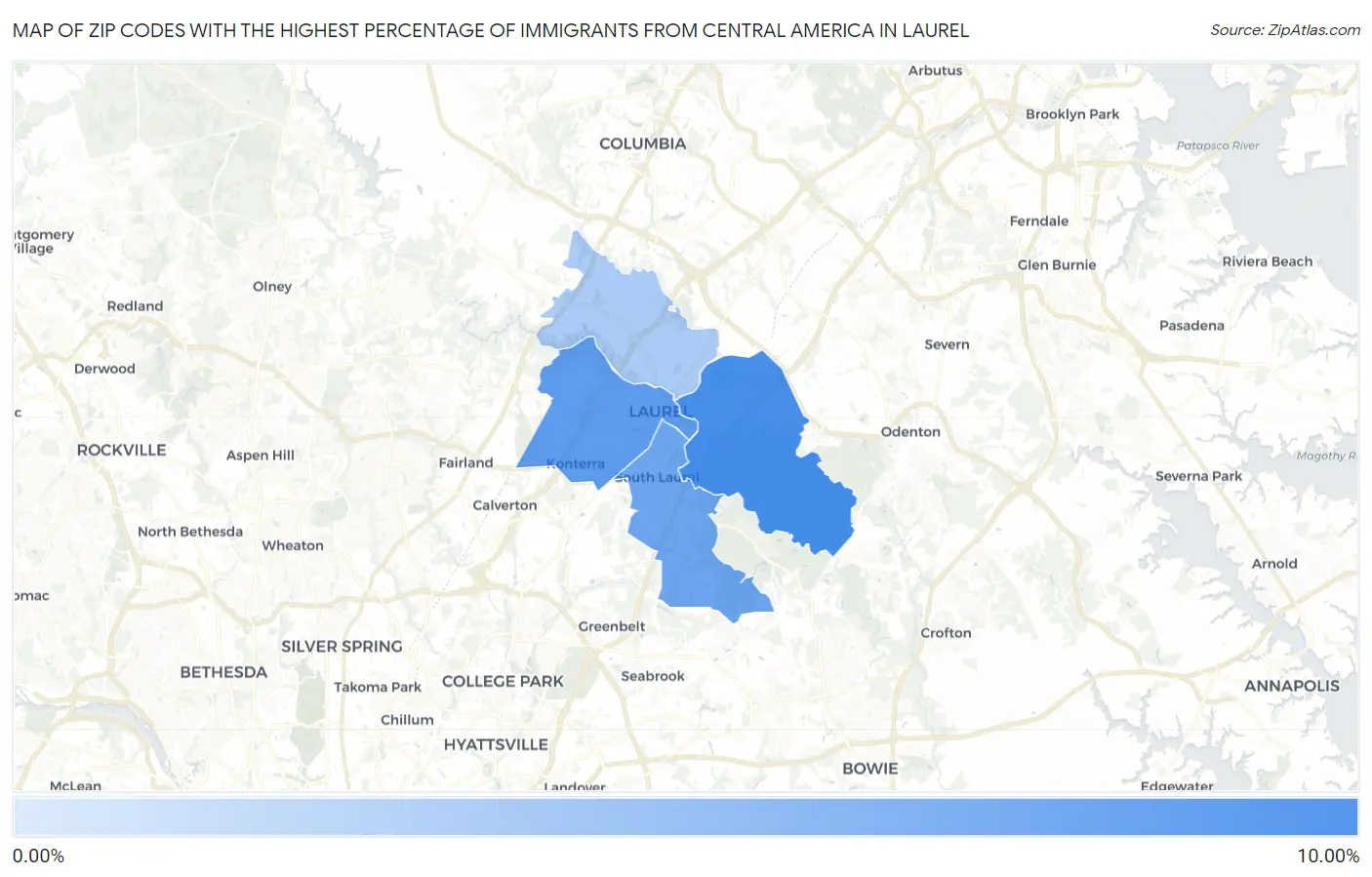 Zip Codes with the Highest Percentage of Immigrants from Central America in Laurel Map