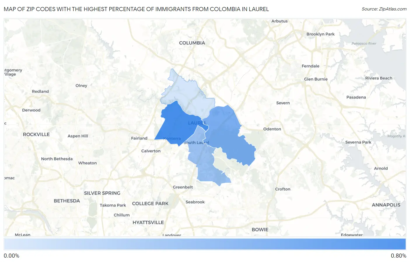 Zip Codes with the Highest Percentage of Immigrants from Colombia in Laurel Map
