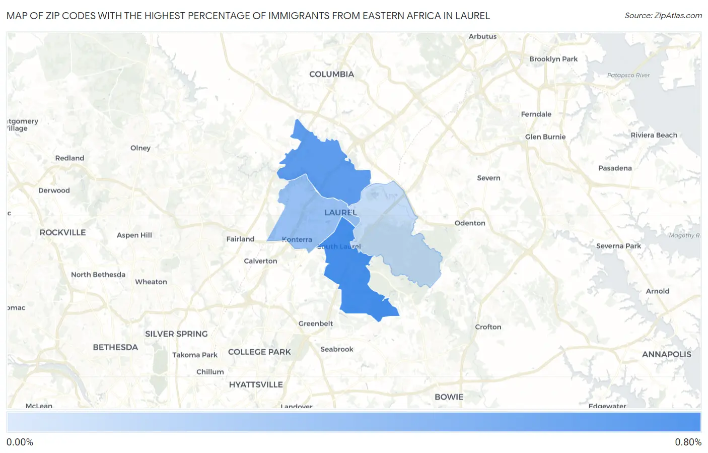 Zip Codes with the Highest Percentage of Immigrants from Eastern Africa in Laurel Map