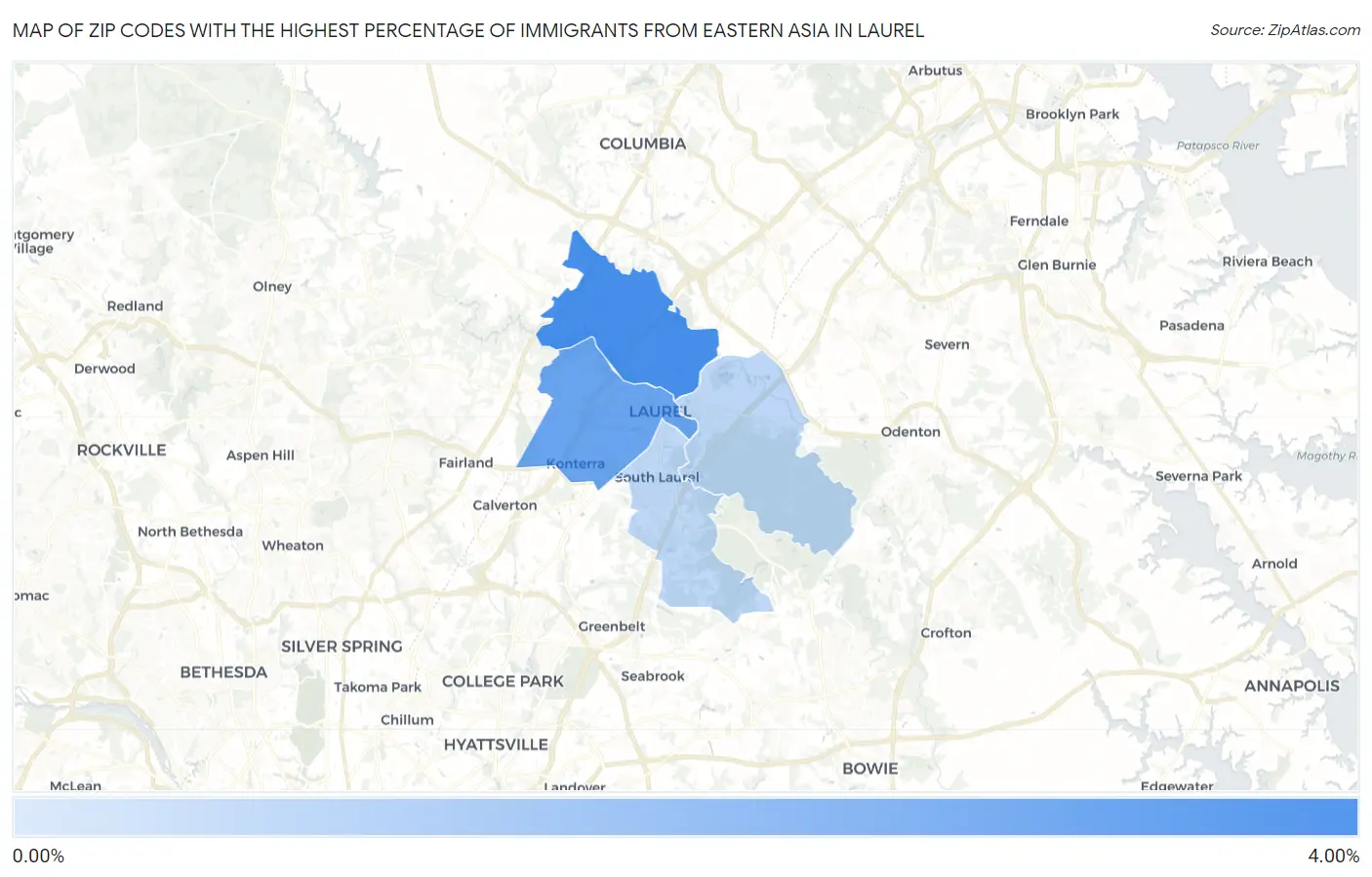 Zip Codes with the Highest Percentage of Immigrants from Eastern Asia in Laurel Map