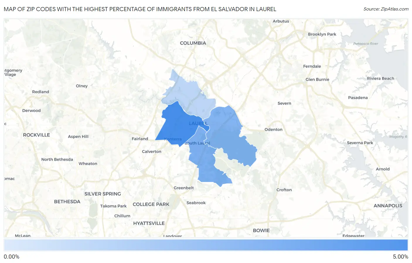 Zip Codes with the Highest Percentage of Immigrants from El Salvador in Laurel Map