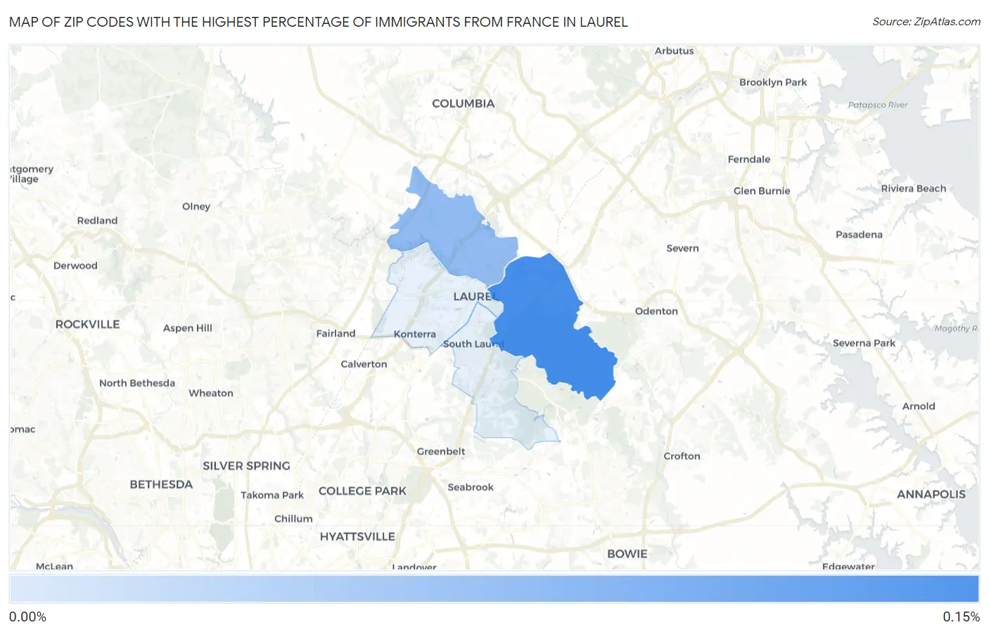 Zip Codes with the Highest Percentage of Immigrants from France in Laurel Map