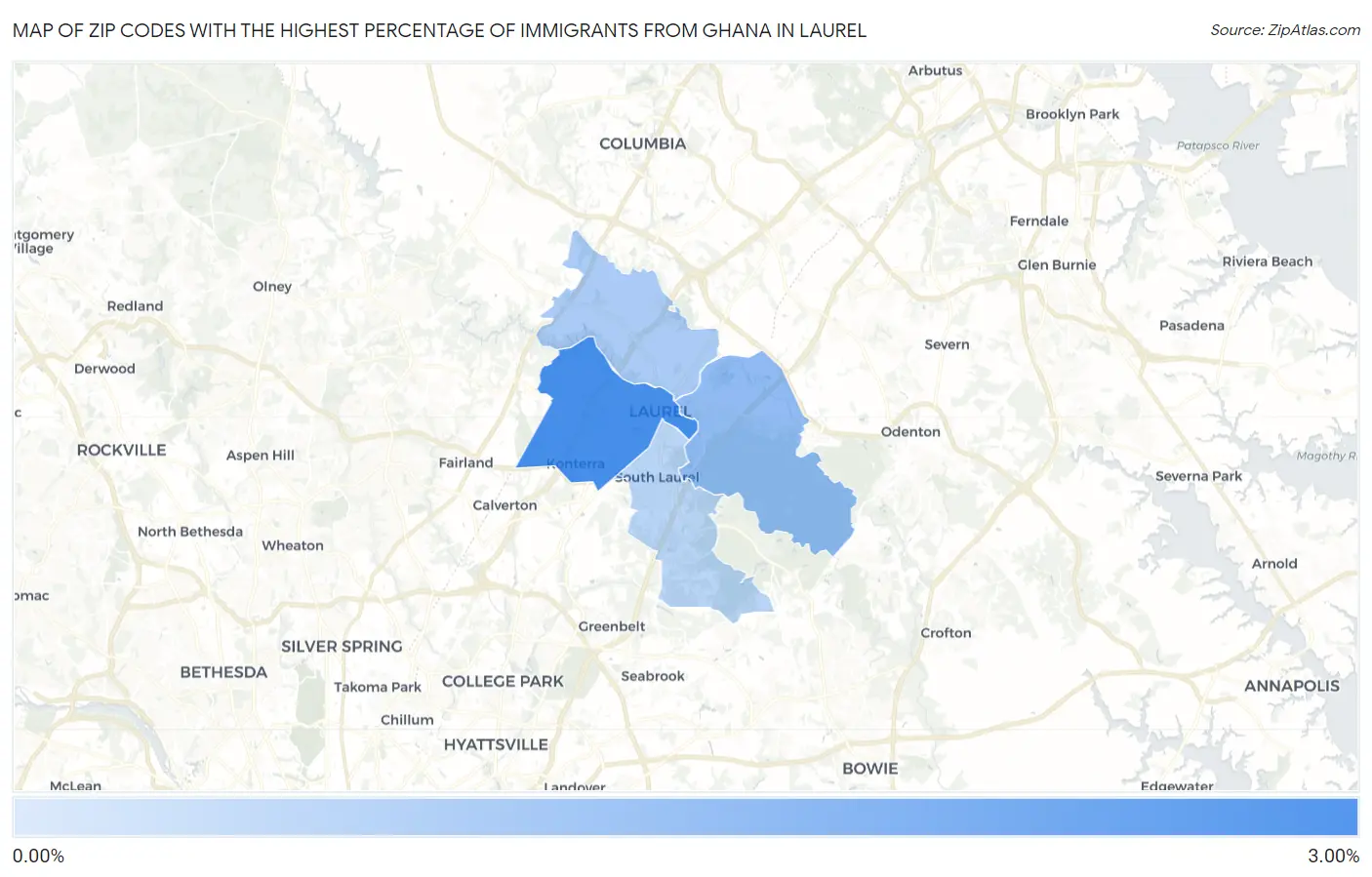 Zip Codes with the Highest Percentage of Immigrants from Ghana in Laurel Map