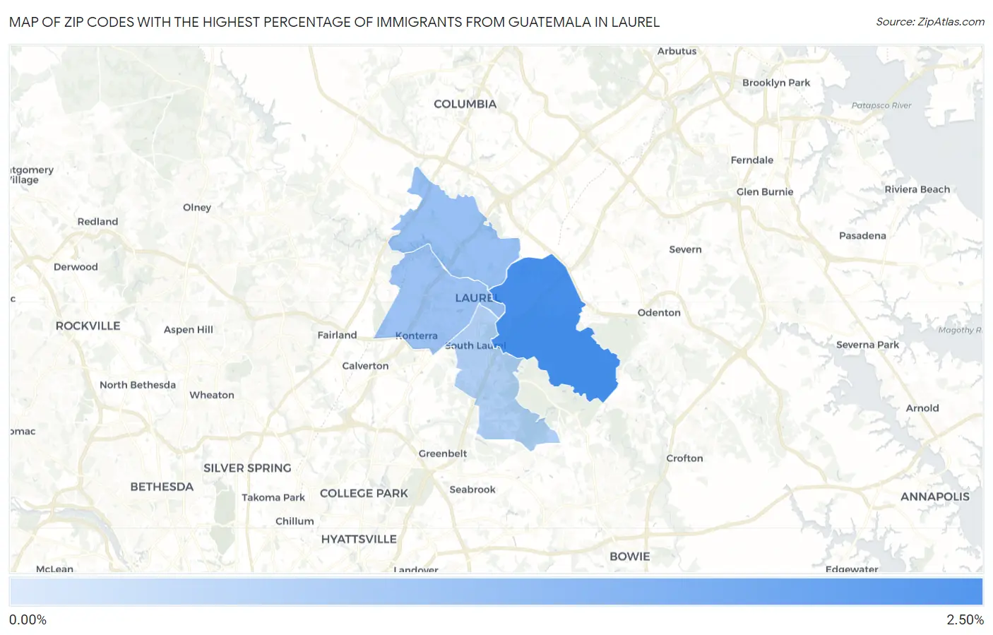 Zip Codes with the Highest Percentage of Immigrants from Guatemala in Laurel Map