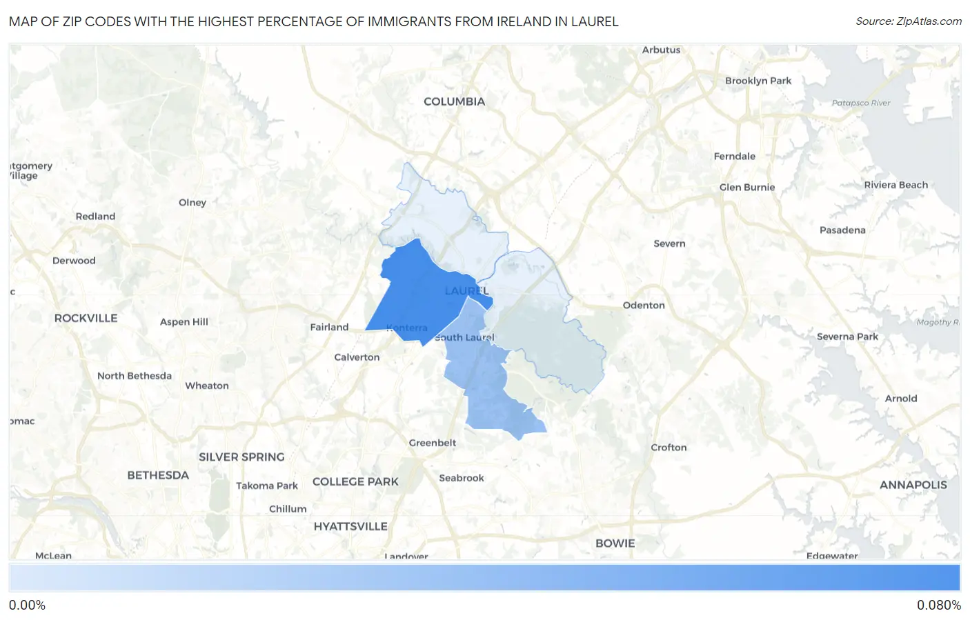 Zip Codes with the Highest Percentage of Immigrants from Ireland in Laurel Map