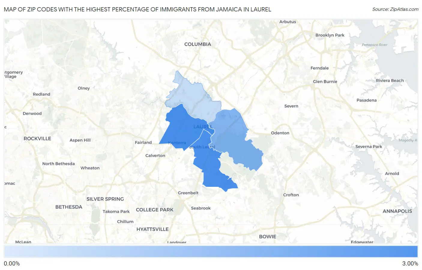 Zip Codes with the Highest Percentage of Immigrants from Jamaica in Laurel Map