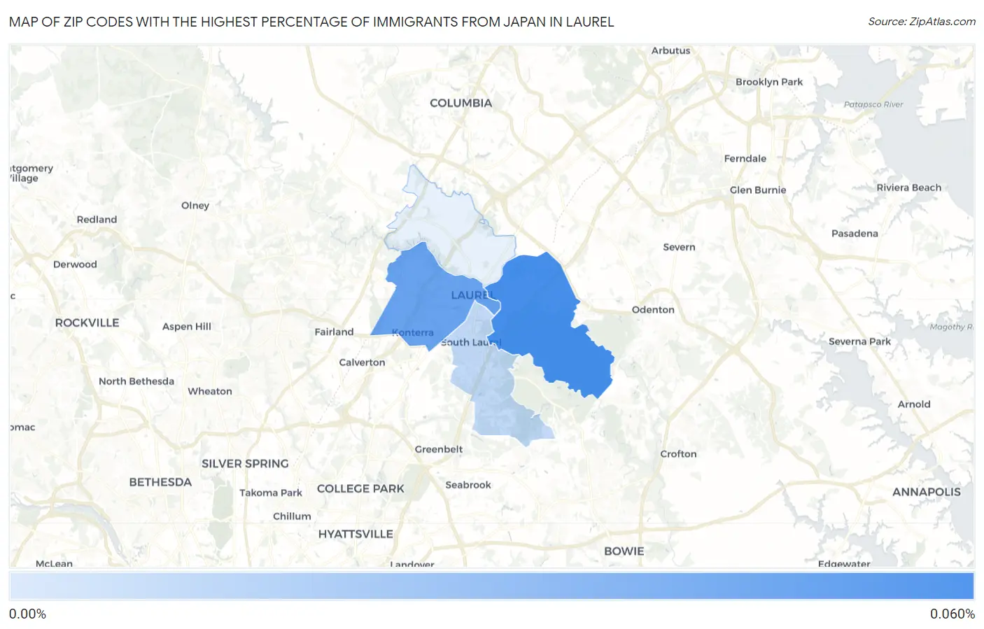 Zip Codes with the Highest Percentage of Immigrants from Japan in Laurel Map