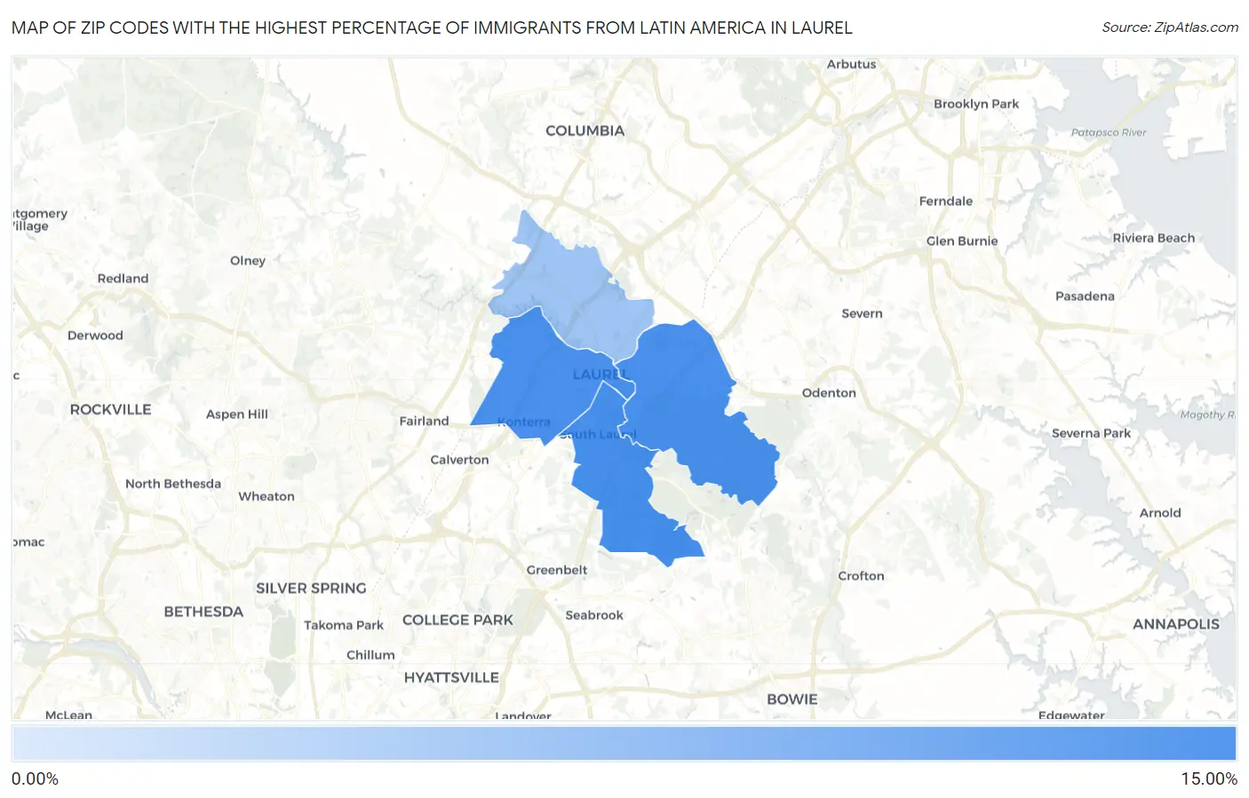 Zip Codes with the Highest Percentage of Immigrants from Latin America in Laurel Map