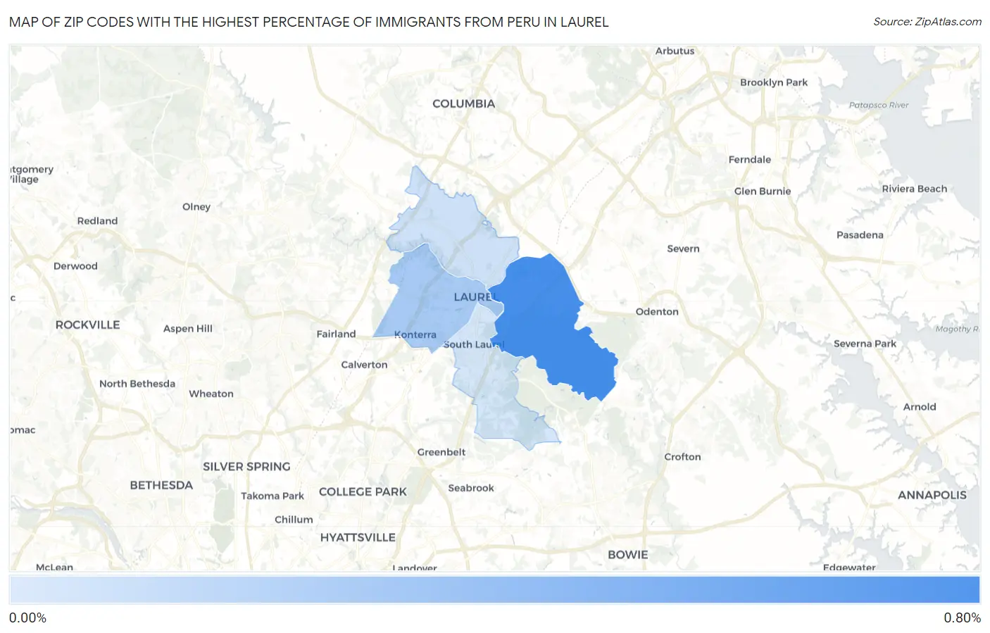 Zip Codes with the Highest Percentage of Immigrants from Peru in Laurel Map