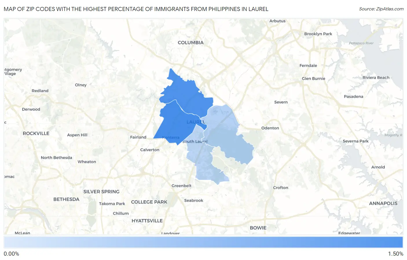 Zip Codes with the Highest Percentage of Immigrants from Philippines in Laurel Map