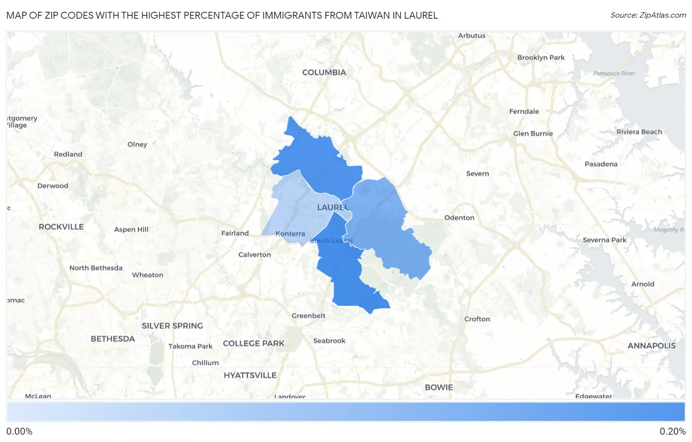 Zip Codes with the Highest Percentage of Immigrants from Taiwan in Laurel Map