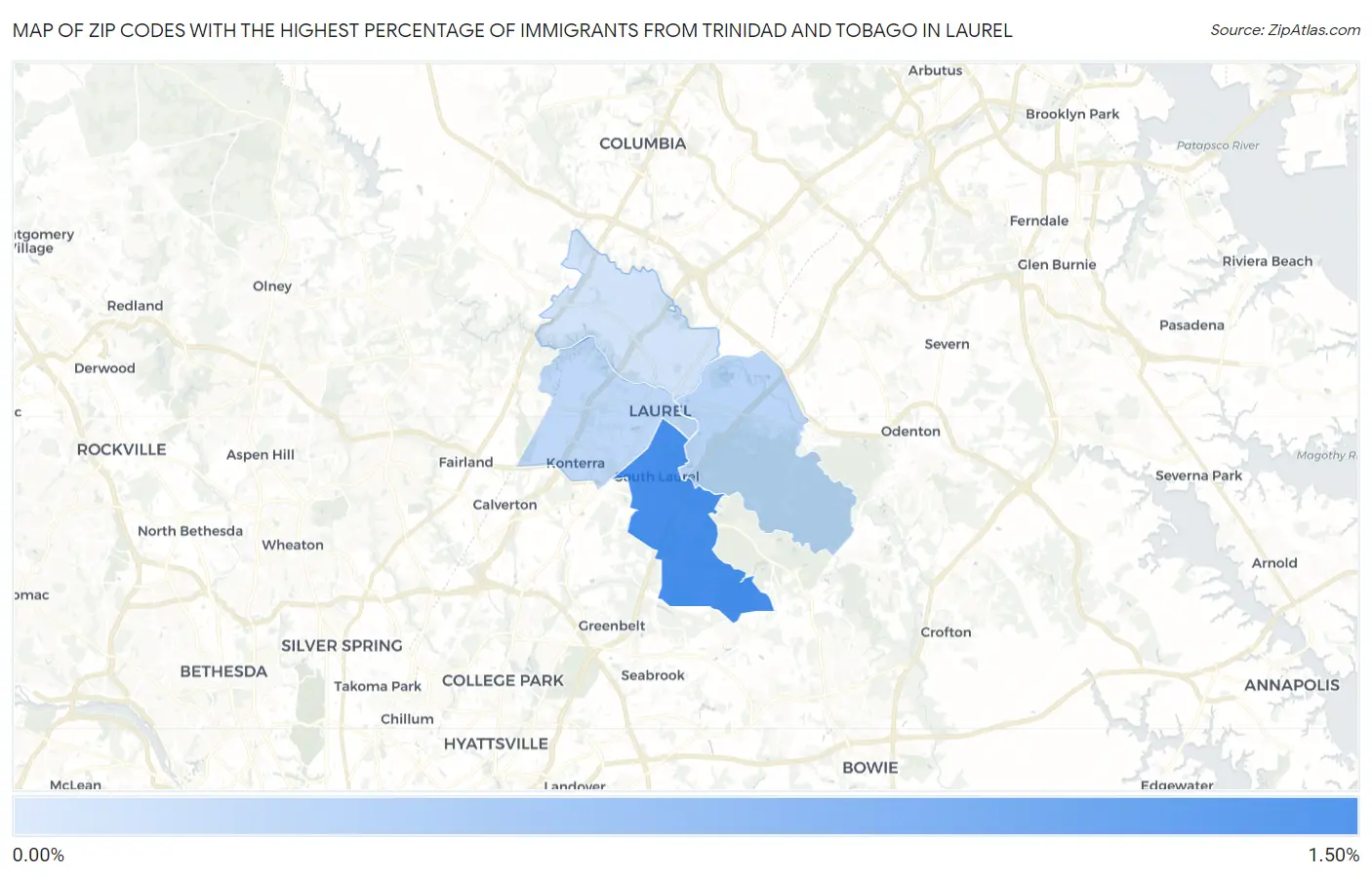 Zip Codes with the Highest Percentage of Immigrants from Trinidad and Tobago in Laurel Map