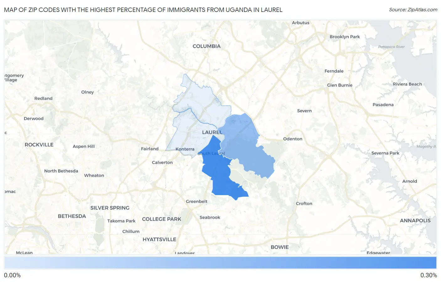 Zip Codes with the Highest Percentage of Immigrants from Uganda in Laurel Map
