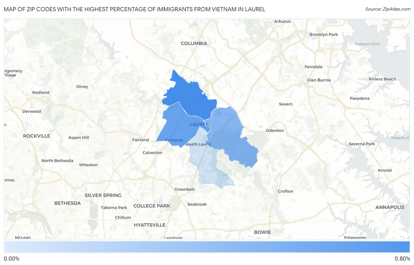 Zip Codes with the Highest Percentage of Immigrants from Vietnam in Laurel Map