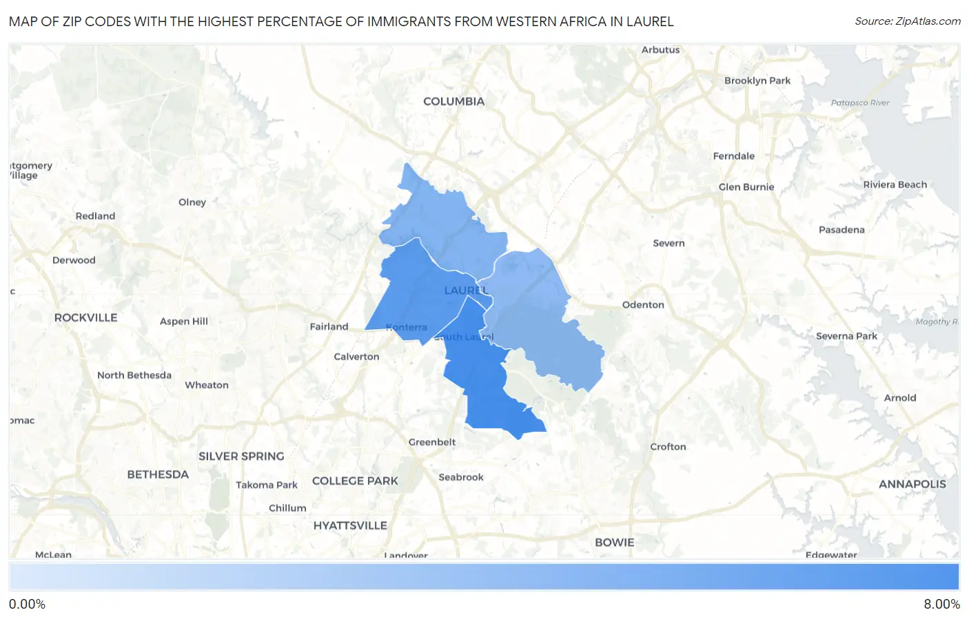 Zip Codes with the Highest Percentage of Immigrants from Western Africa in Laurel Map